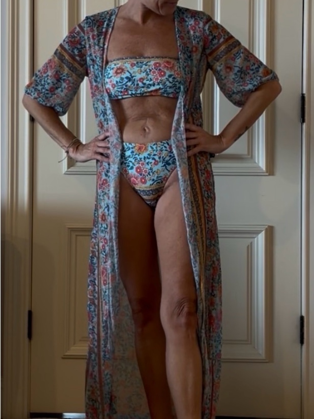 Floral Bandeau Bikini Set with Matching Sheer Robe - Blue Multi